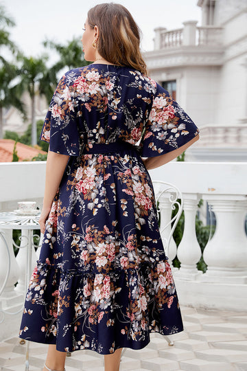 Plus Size V Neck Navy sommerkjole med korte ermer
